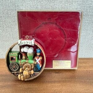 Vintage 1977 Hallmark Nostalgia Dated Ornament Train Teddy Bear Toy Soldier Box